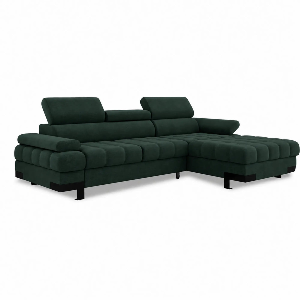 Coltar extensibil SELVA MINI, sezlong dreapta, stofa catifelata verde inchis - Element 12, cu lada depozitare si tetiere reglabile, 270x173x95 cm
