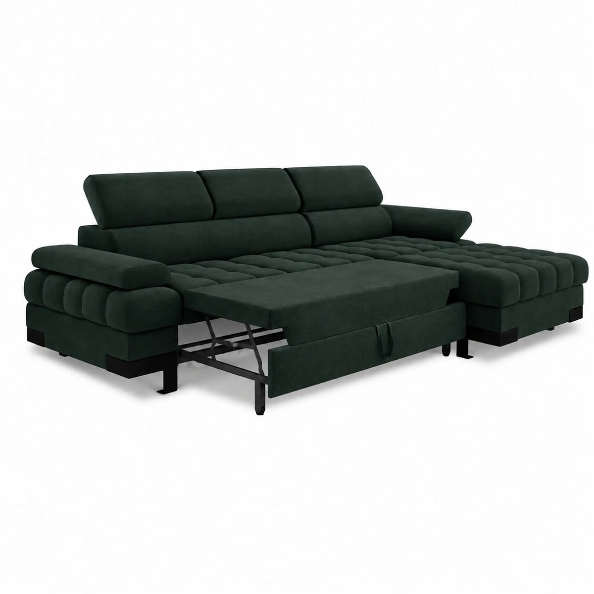 Coltar extensibil SELVA MINI, sezlong dreapta, stofa catifelata verde inchis - Element 12, cu lada depozitare si tetiere reglabile, 270x173x95 cm