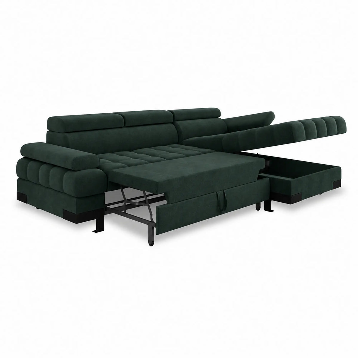 Coltar extensibil SELVA MINI, sezlong dreapta, stofa catifelata verde inchis - Element 12, cu lada depozitare si tetiere reglabile, 270x173x95 cm