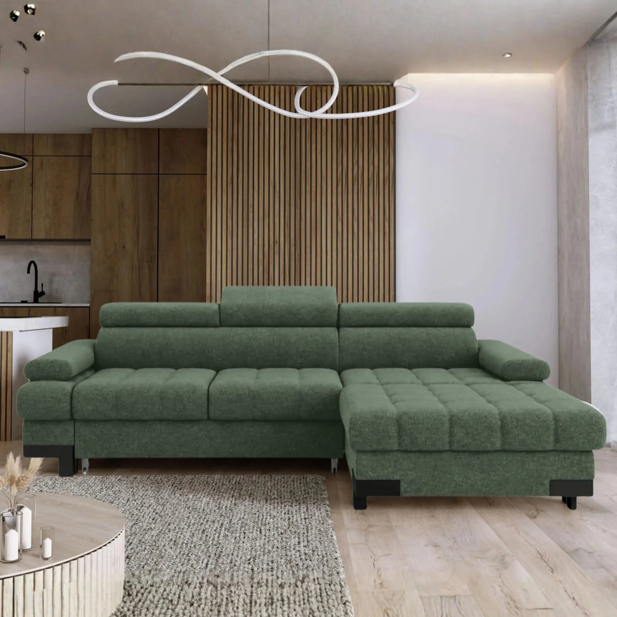 Coltar extensibil SELVA MINI, sezlong dreapta, stofa catifelata verde inchis - Vogue 11, cu lada depozitare si tetiere reglabile, 270x173x95 cm