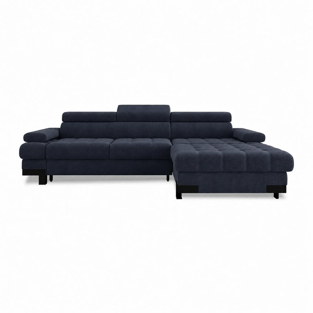 Coltar extensibil SELVA MINI, sezlong dreapta, stofa clasica albastru inchis - Austin 15, cu lada depozitare si tetiere reglabile, 270x173x95 cm
