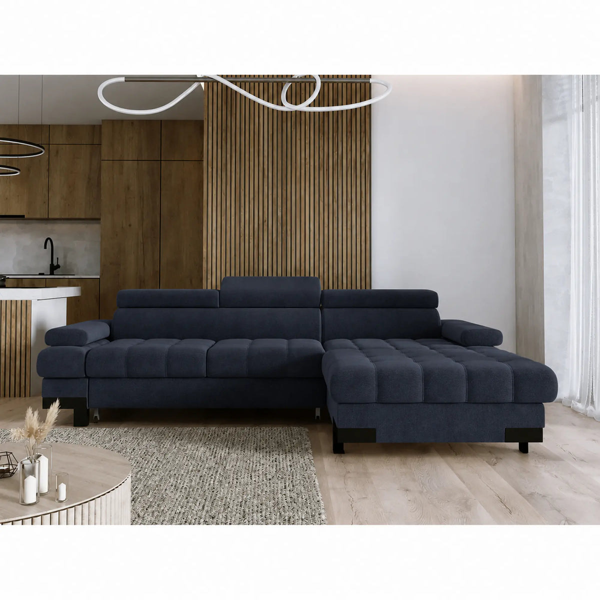 Coltar extensibil SELVA MINI, sezlong dreapta, stofa clasica albastru inchis - Austin 15, cu lada depozitare si tetiere reglabile, 270x173x95 cm