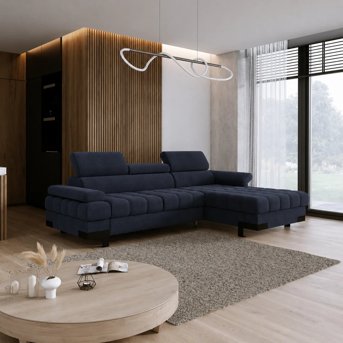 Coltar extensibil SELVA MINI, sezlong dreapta, stofa clasica albastru inchis - Austin 15, cu lada depozitare si tetiere reglabile, 270x173x95 cm