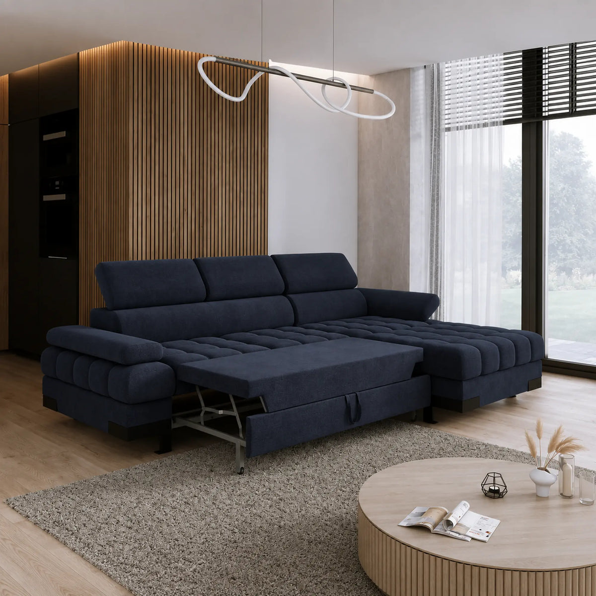 Coltar extensibil SELVA MINI, sezlong dreapta, stofa clasica albastru inchis - Austin 15, cu lada depozitare si tetiere reglabile, 270x173x95 cm