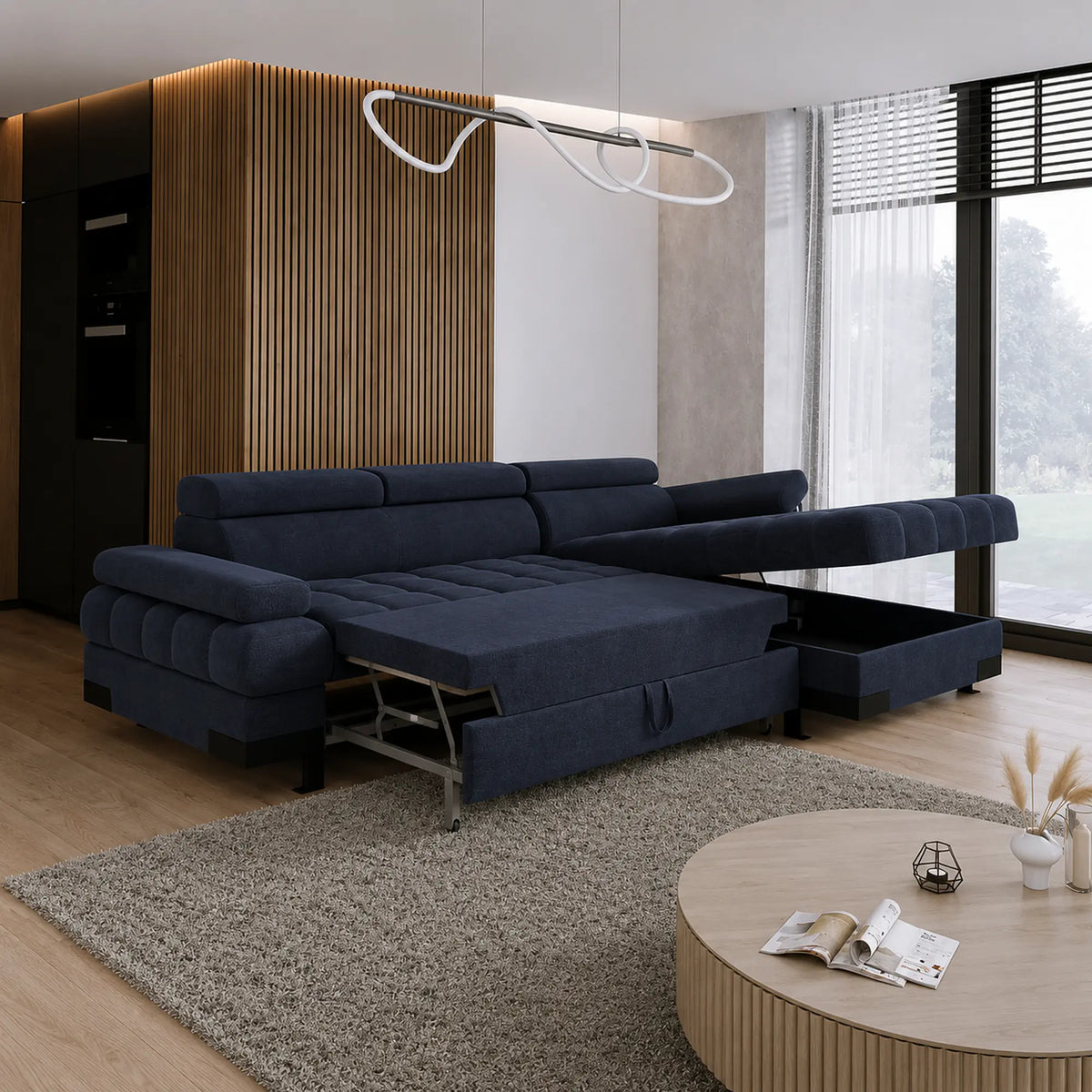 Coltar extensibil SELVA MINI, sezlong dreapta, stofa clasica albastru inchis - Austin 15, cu lada depozitare si tetiere reglabile, 270x173x95 cm