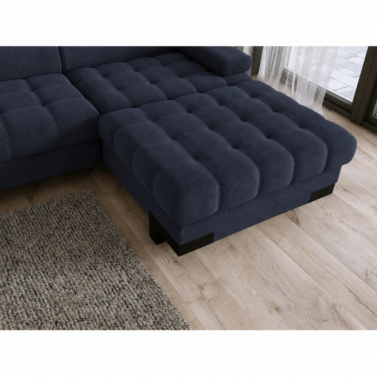 Coltar extensibil SELVA MINI, sezlong dreapta, stofa clasica albastru inchis - Austin 15, cu lada depozitare si tetiere reglabile, 270x173x95 cm