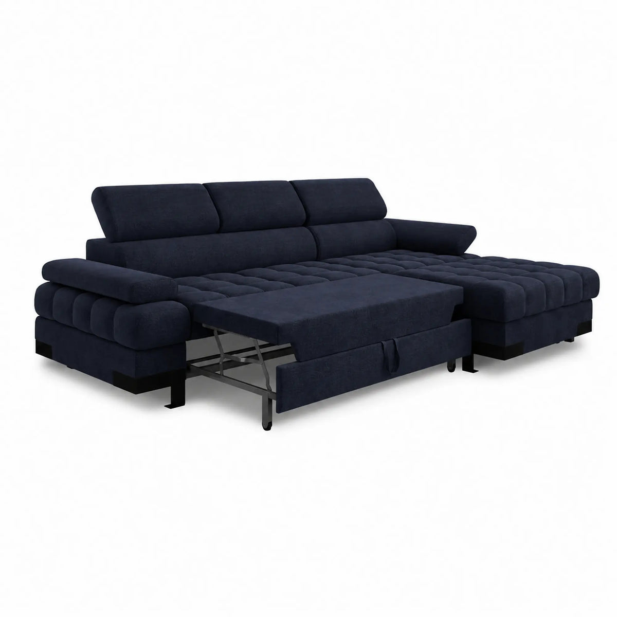 Coltar extensibil SELVA MINI, sezlong dreapta, stofa clasica albastru inchis - Austin 15, cu lada depozitare si tetiere reglabile, 270x173x95 cm