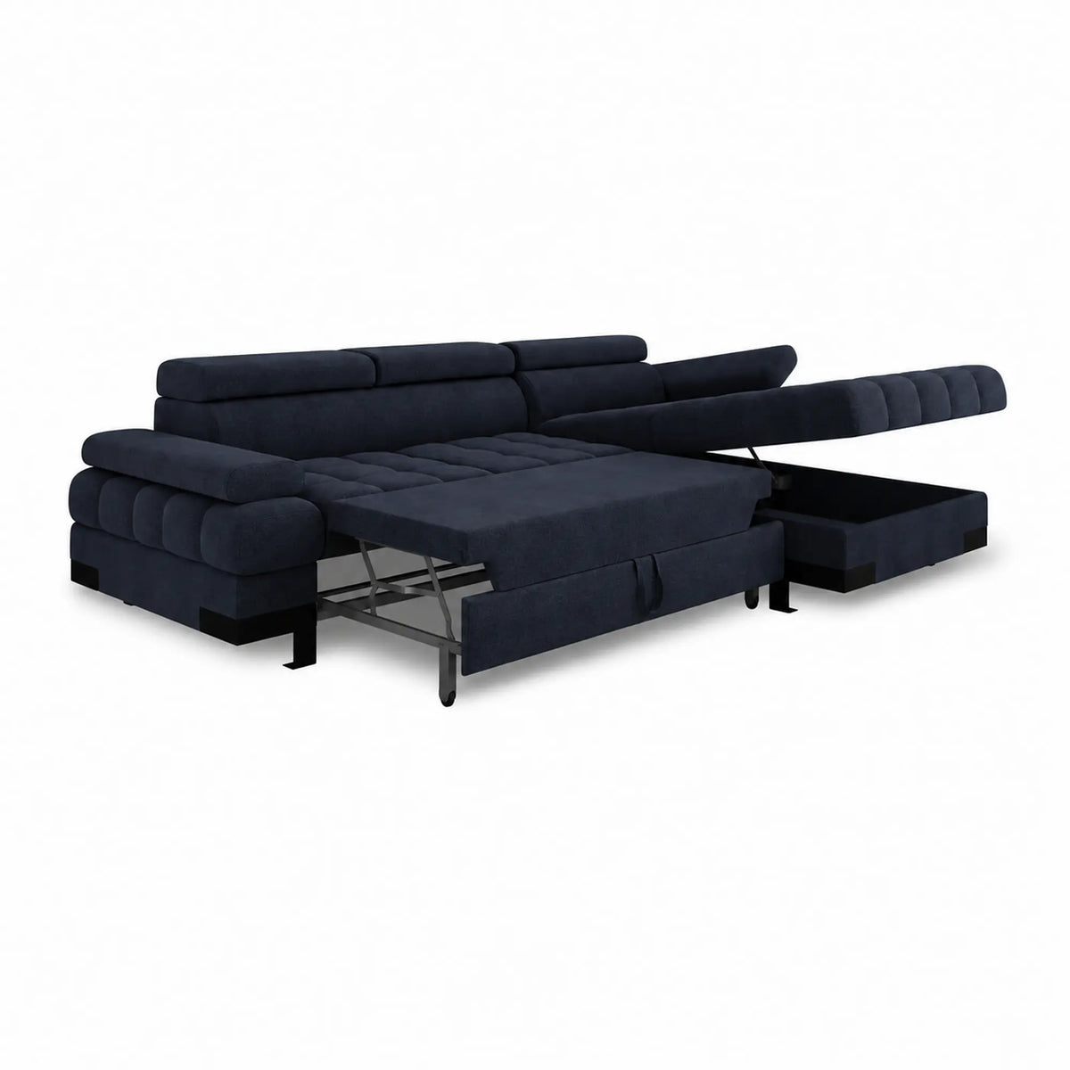 Coltar extensibil SELVA MINI, sezlong dreapta, stofa clasica albastru inchis - Austin 15, cu lada depozitare si tetiere reglabile, 270x173x95 cm