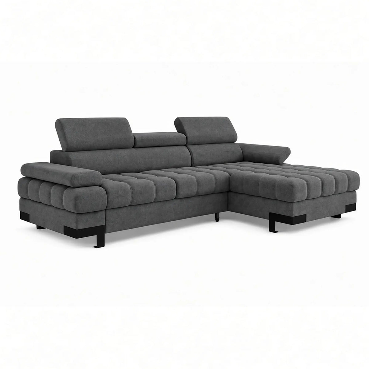 Coltar extensibil SELVA MINI, sezlong dreapta, stofa clasica gri inchis - Austin 19, cu lada depozitare si tetiere reglabile, 270x173x95 cm
