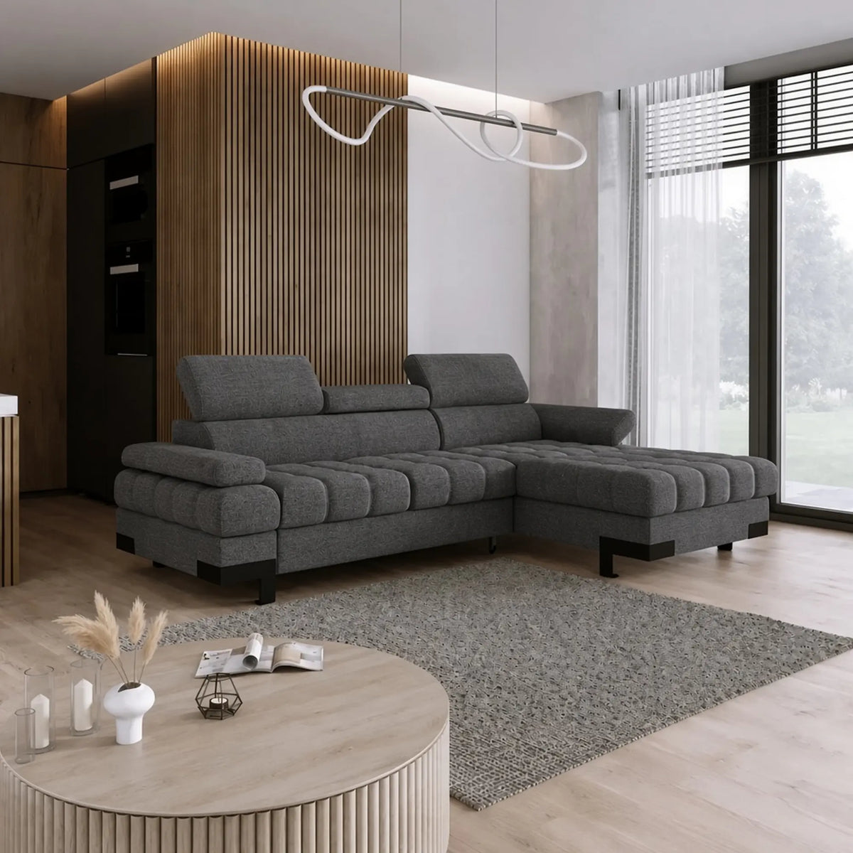 Coltar extensibil SELVA MINI, sezlong dreapta, stofa clasica gri inchis - Austin 19, cu lada depozitare si tetiere reglabile, 270x173x95 cm
