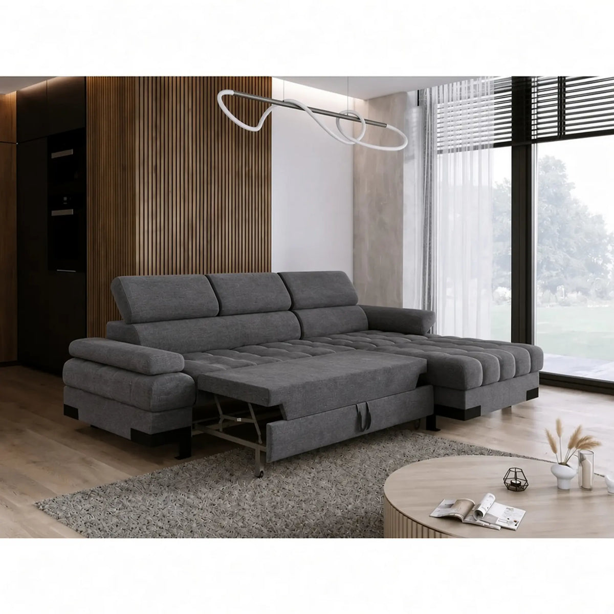 Coltar extensibil SELVA MINI, sezlong dreapta, stofa clasica gri inchis - Austin 19, cu lada depozitare si tetiere reglabile, 270x173x95 cm