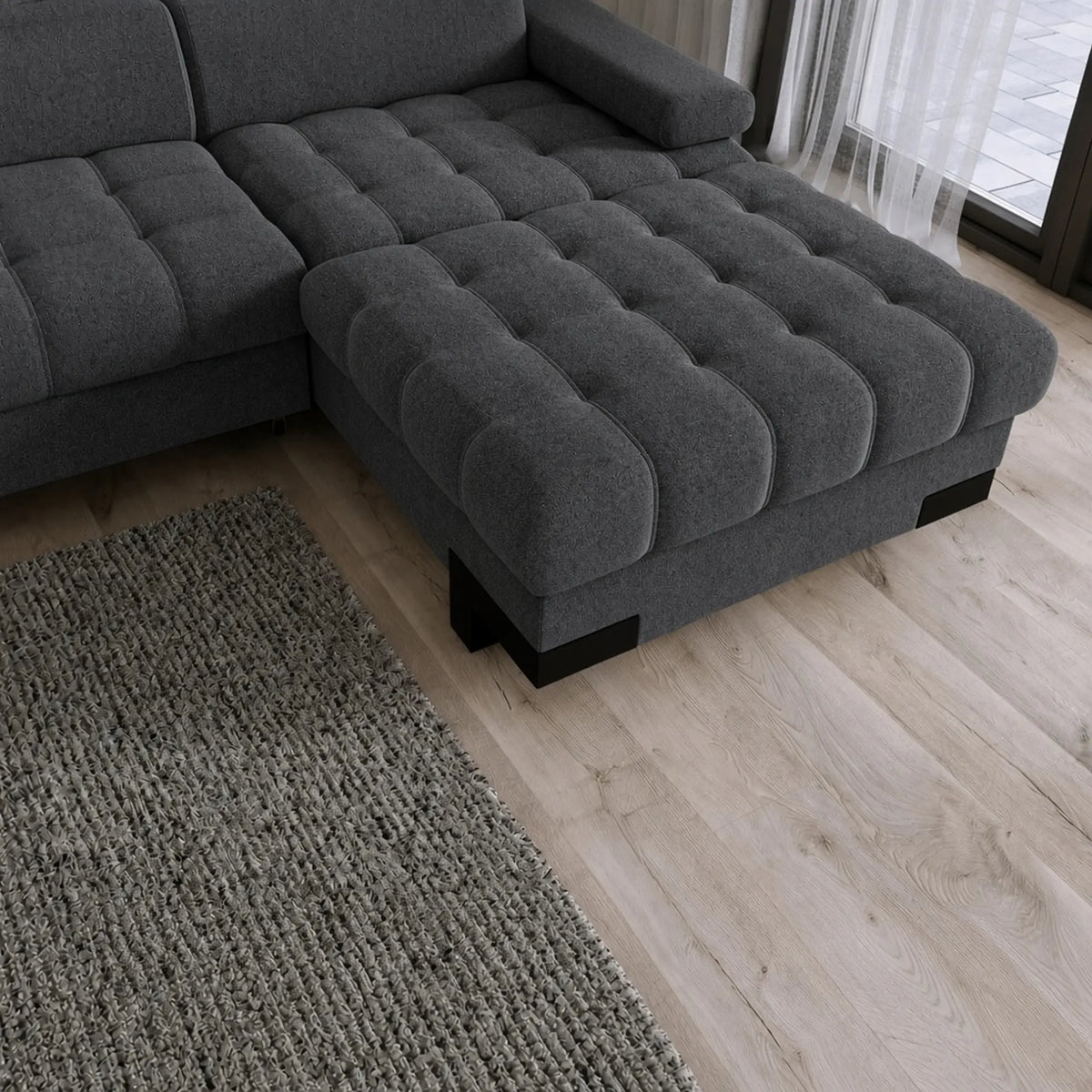 Coltar extensibil SELVA MINI, sezlong dreapta, stofa clasica gri inchis - Austin 19, cu lada depozitare si tetiere reglabile, 270x173x95 cm