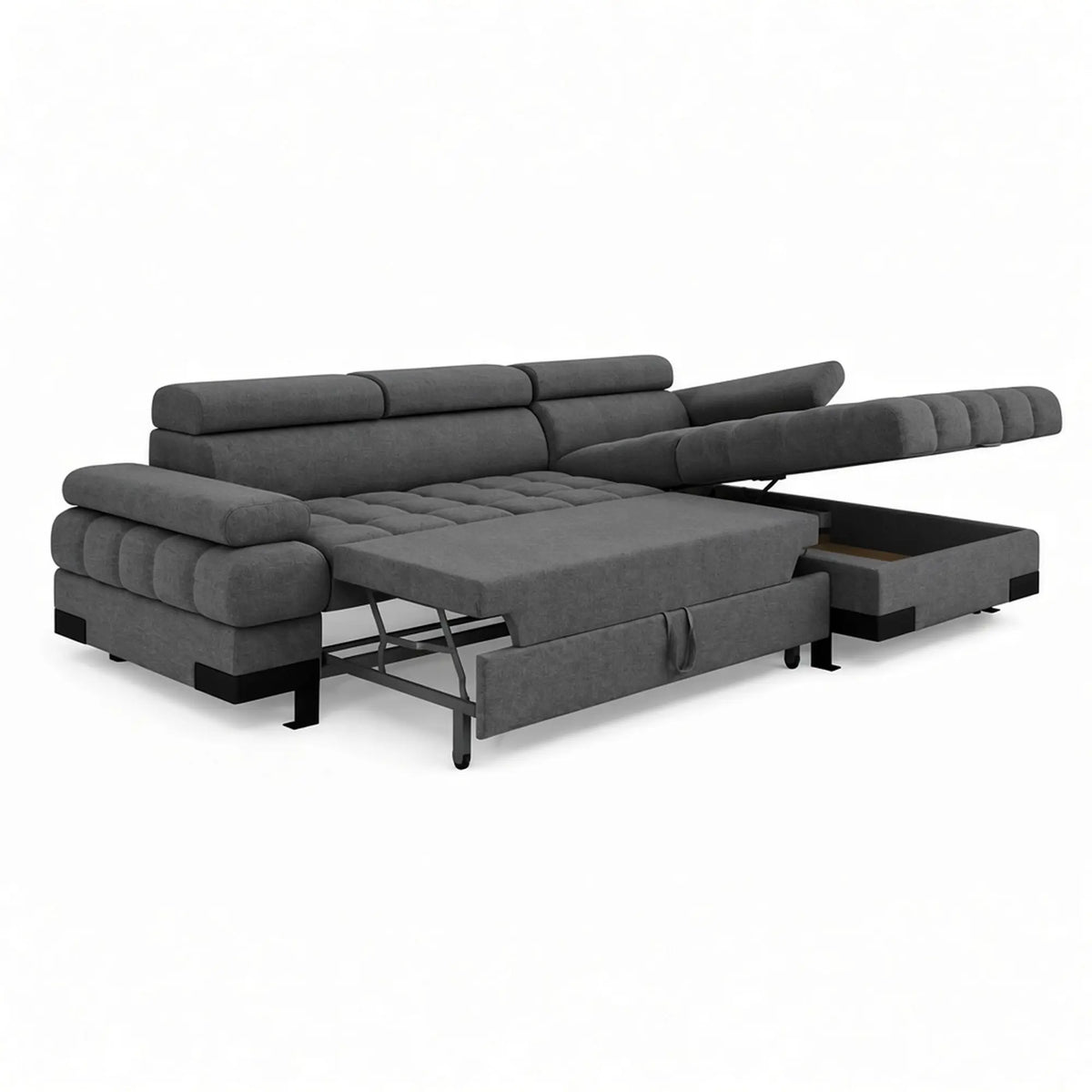 Coltar extensibil SELVA MINI, sezlong dreapta, stofa clasica gri inchis - Austin 19, cu lada depozitare si tetiere reglabile, 270x173x95 cm
