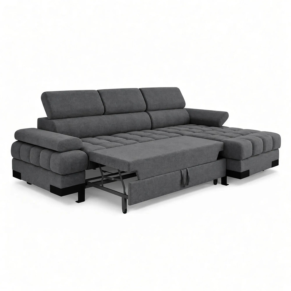 Coltar extensibil SELVA MINI, sezlong dreapta, stofa clasica gri inchis - Austin 19, cu lada depozitare si tetiere reglabile, 270x173x95 cm