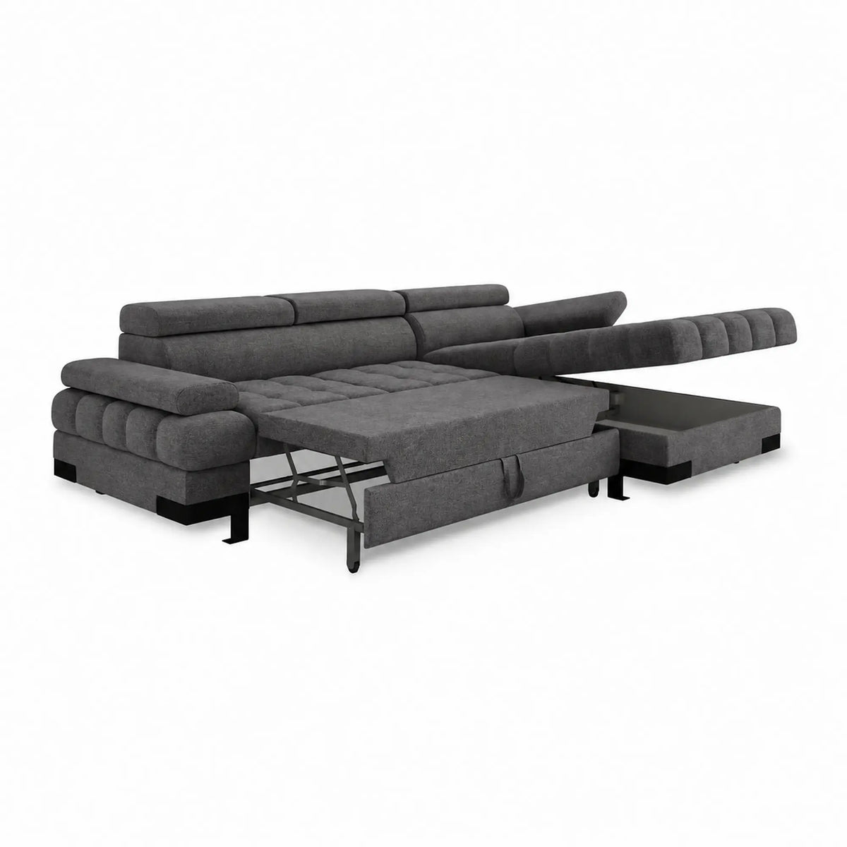 Coltar extensibil SELVA MINI, sezlong dreapta, stofa gri antracit - Salvador 15, cu lada depozitare si tetiere reglabile, 270x173x95 cm