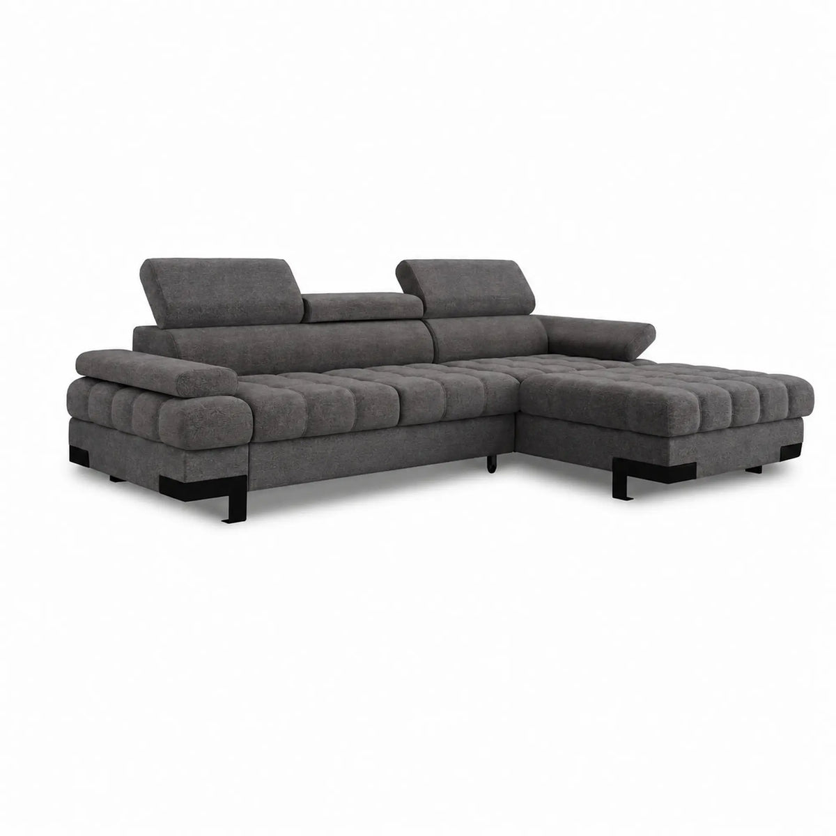 Coltar extensibil SELVA MINI, sezlong dreapta, stofa gri antracit - Salvador 15, cu lada depozitare si tetiere reglabile, 270x173x95 cm