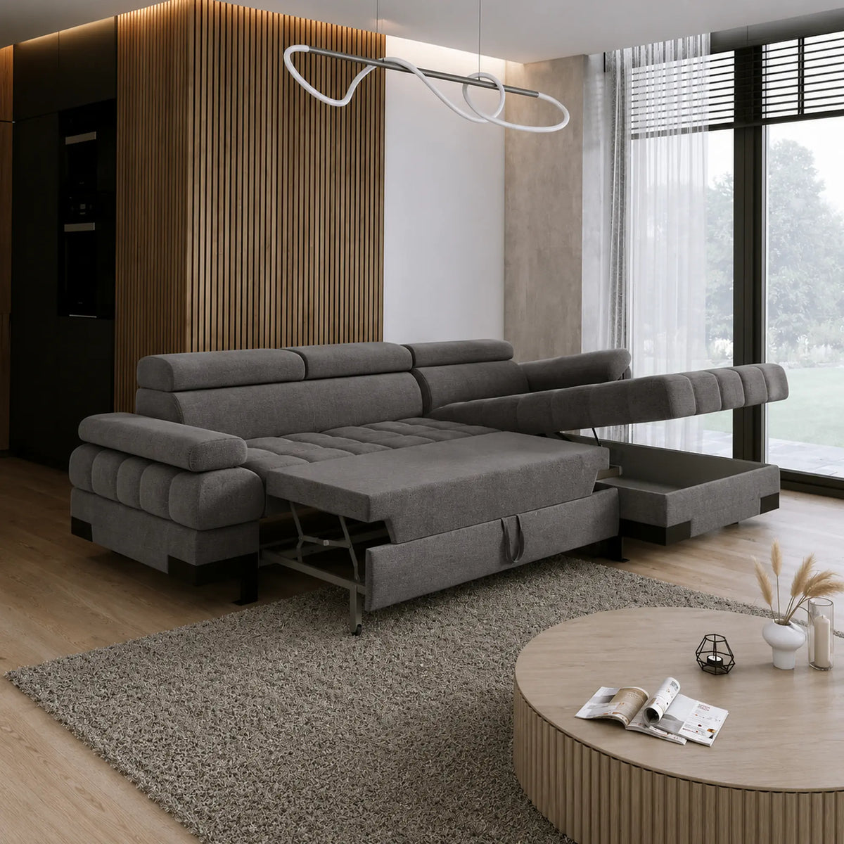 Coltar extensibil SELVA MINI, sezlong dreapta, stofa gri antracit - Salvador 15, cu lada depozitare si tetiere reglabile, 270x173x95 cm