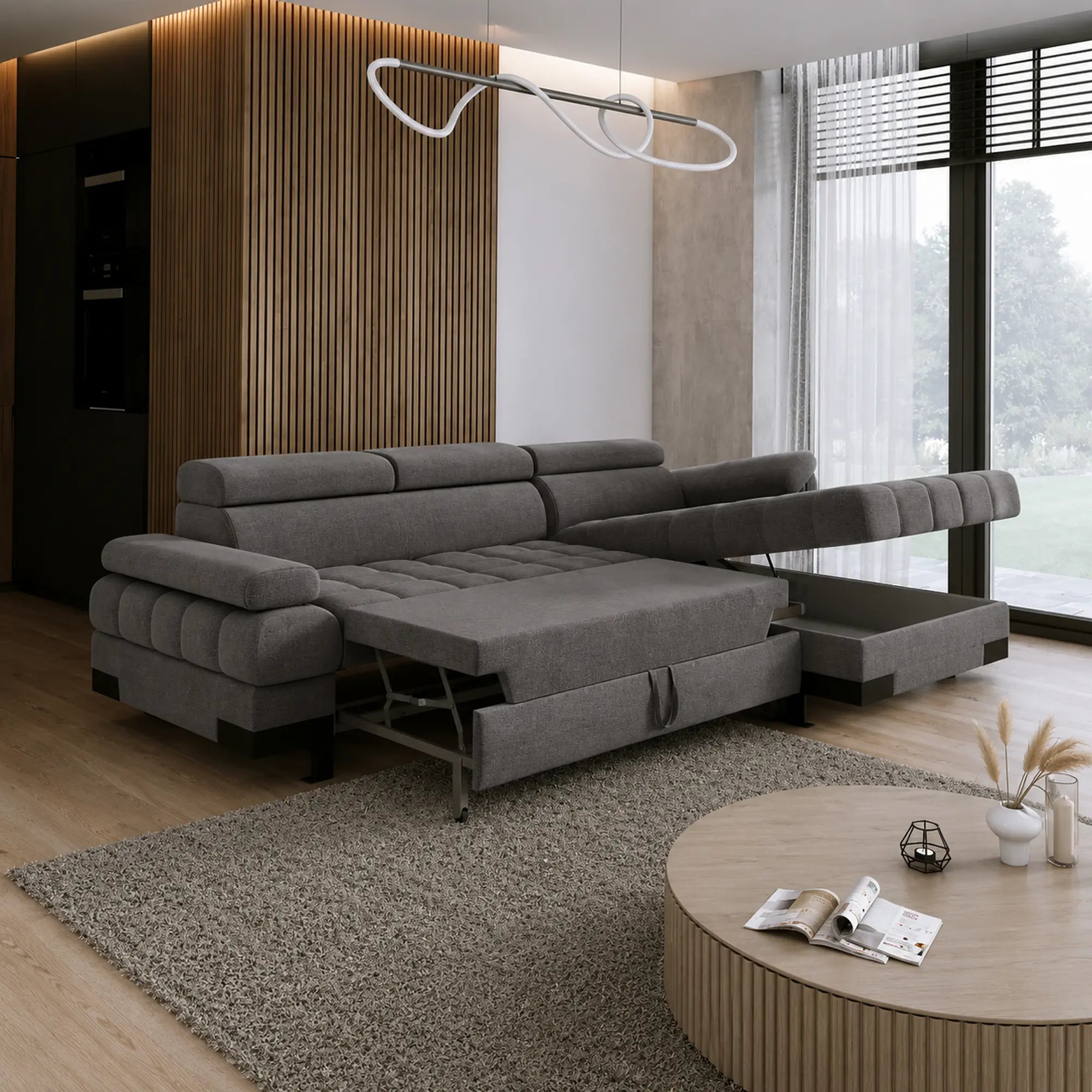 Coltar extensibil SELVA MINI, sezlong dreapta, stofa gri antracit - Salvador 15, cu lada depozitare si tetiere reglabile, 270x173x95 cm
