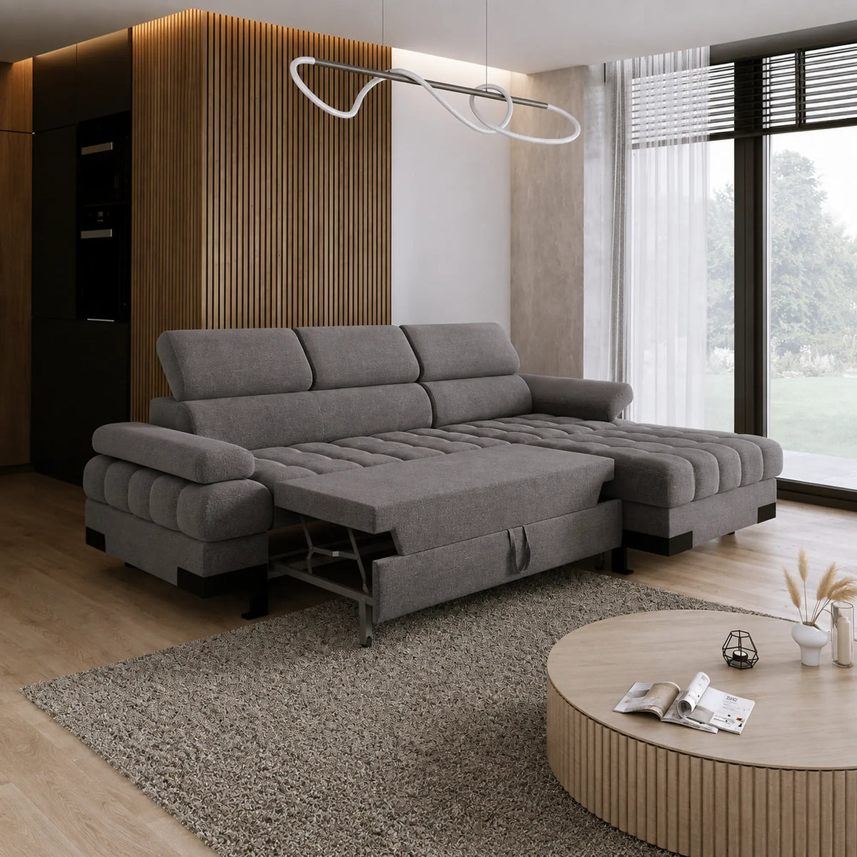 Coltar extensibil SELVA MINI, sezlong dreapta, stofa gri antracit - Salvador 15, cu lada depozitare si tetiere reglabile, 270x173x95 cm
