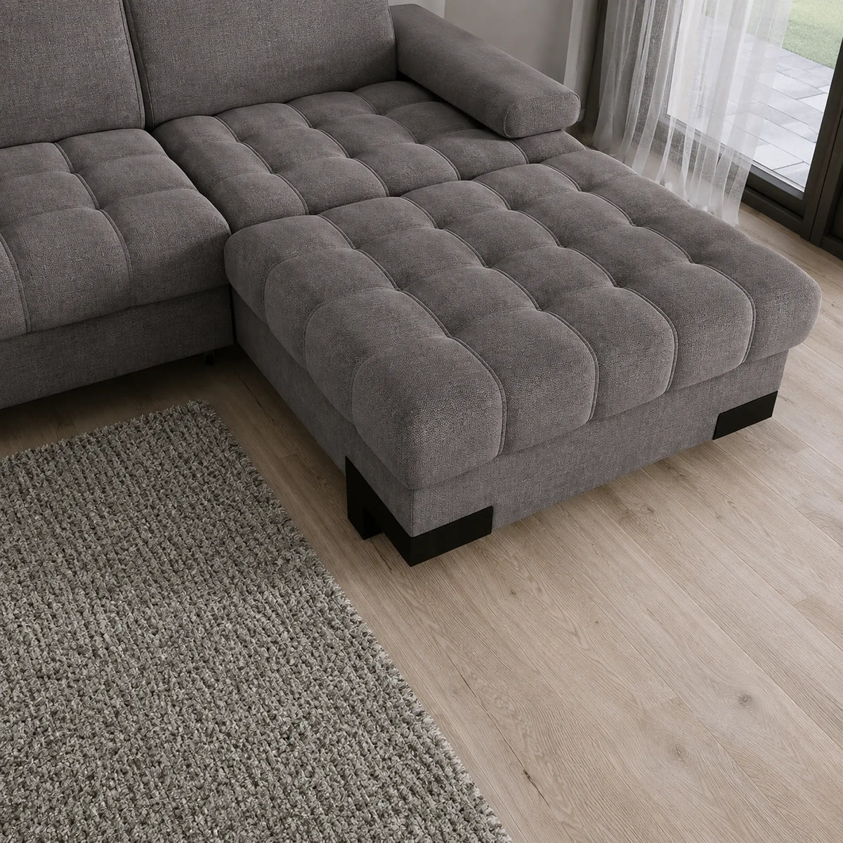 Coltar extensibil SELVA MINI, sezlong dreapta, stofa gri antracit - Salvador 15, cu lada depozitare si tetiere reglabile, 270x173x95 cm