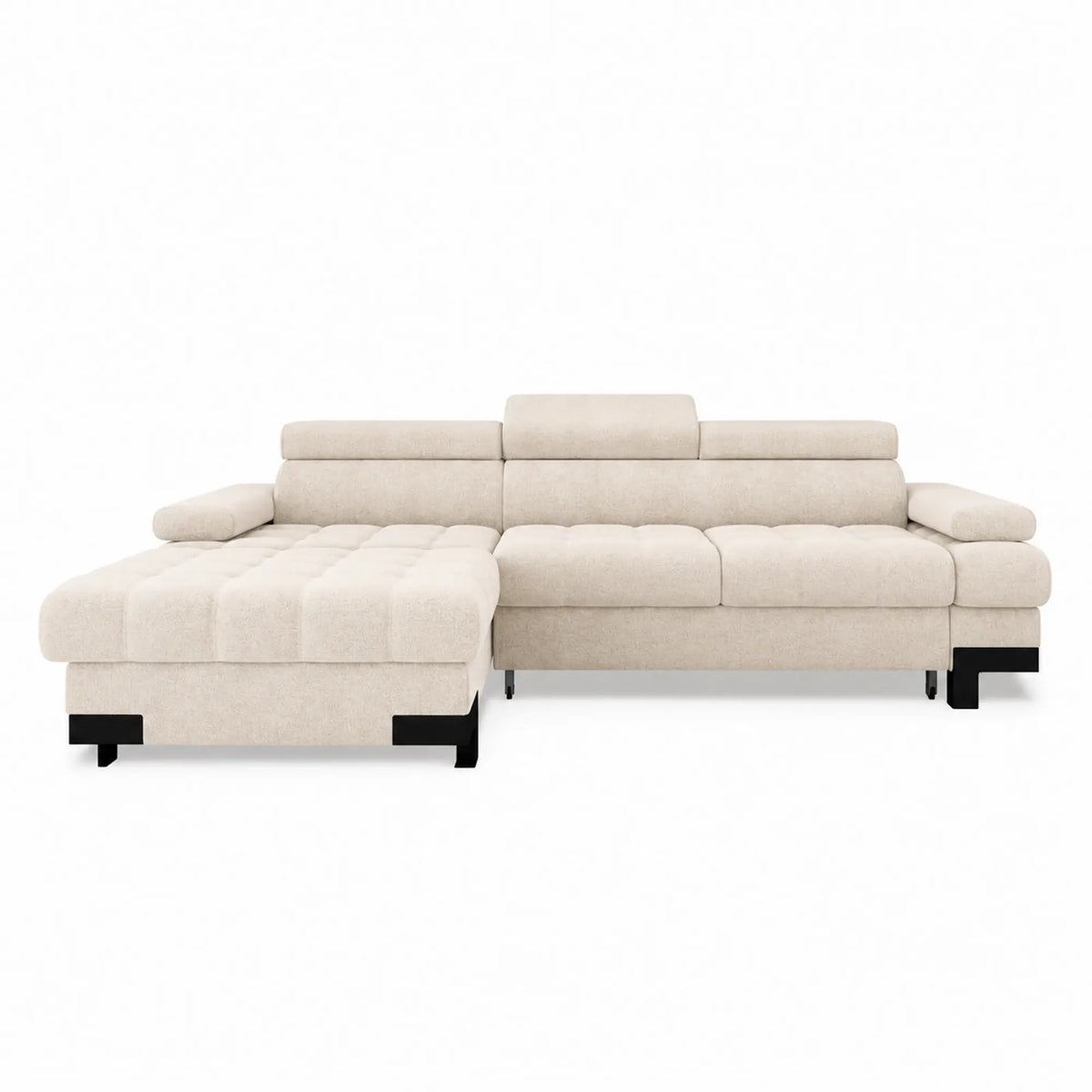 Coltar extensibil SELVA MINI, sezlong stanga, stofa catifelata bej - Shanghai 02, cu lada depozitare si tetiere reglabile,  270x173x95 cm