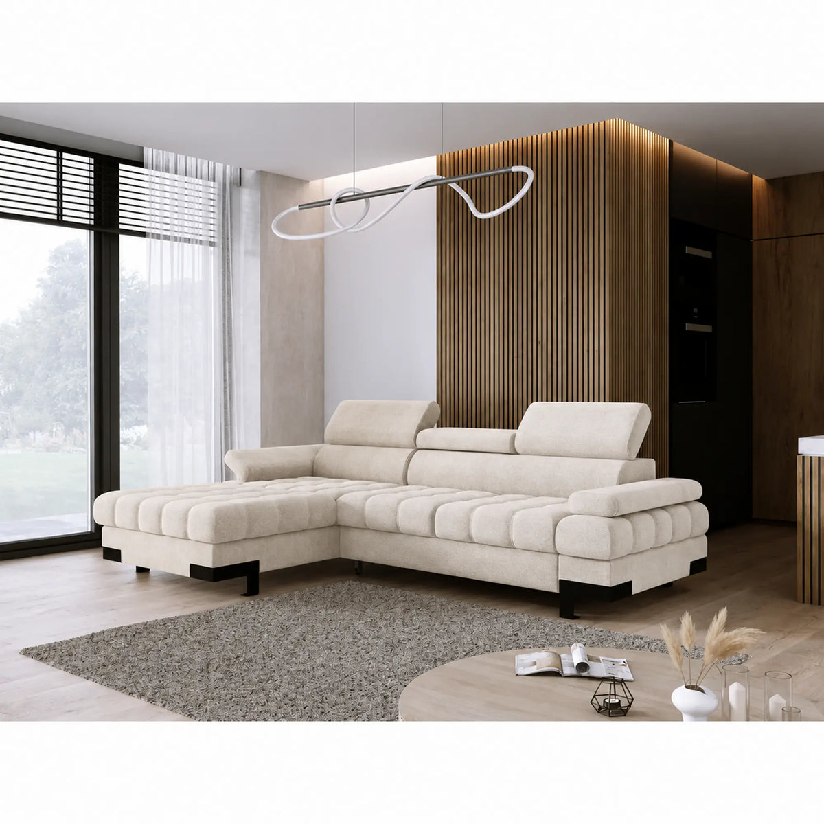Coltar extensibil SELVA MINI, sezlong stanga, stofa catifelata bej - Shanghai 02, cu lada depozitare si tetiere reglabile,  270x173x95 cm
