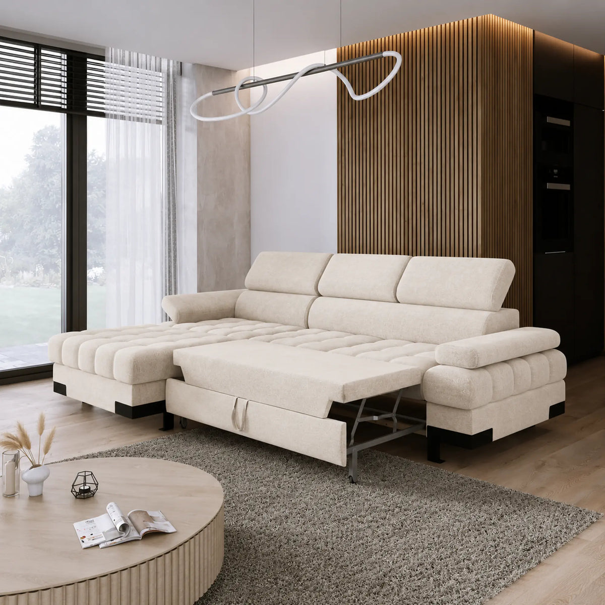 Coltar extensibil SELVA MINI, sezlong stanga, stofa catifelata bej - Shanghai 02, cu lada depozitare si tetiere reglabile,  270x173x95 cm