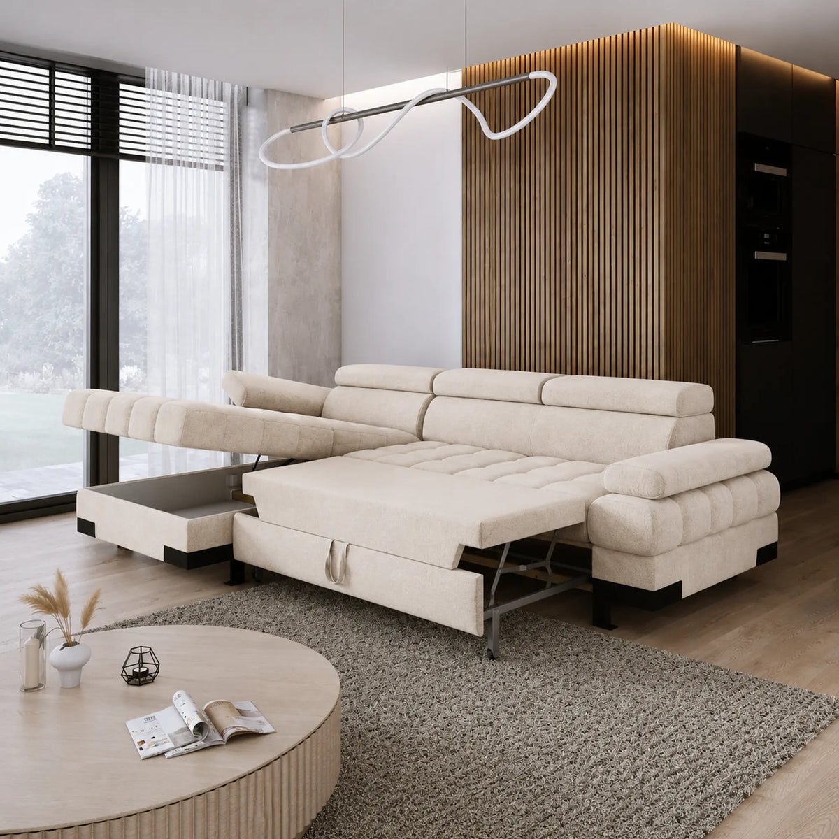 Coltar extensibil SELVA MINI, sezlong stanga, stofa catifelata bej - Shanghai 02, cu lada depozitare si tetiere reglabile,  270x173x95 cm