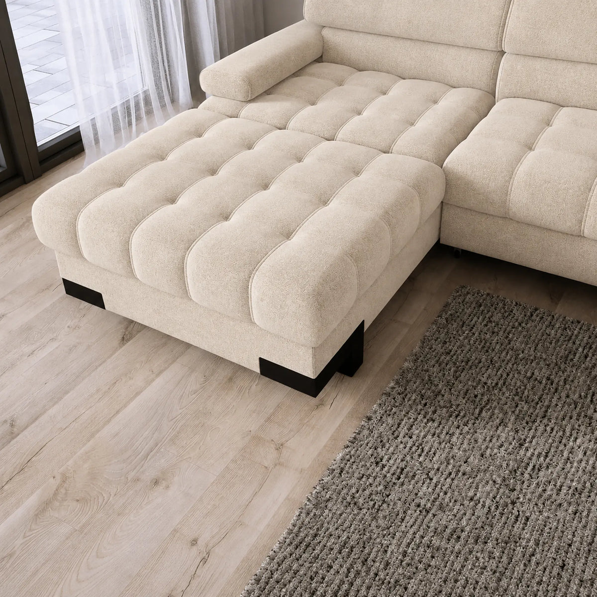 Coltar extensibil SELVA MINI, sezlong stanga, stofa catifelata bej - Shanghai 02, cu lada depozitare si tetiere reglabile,  270x173x95 cm