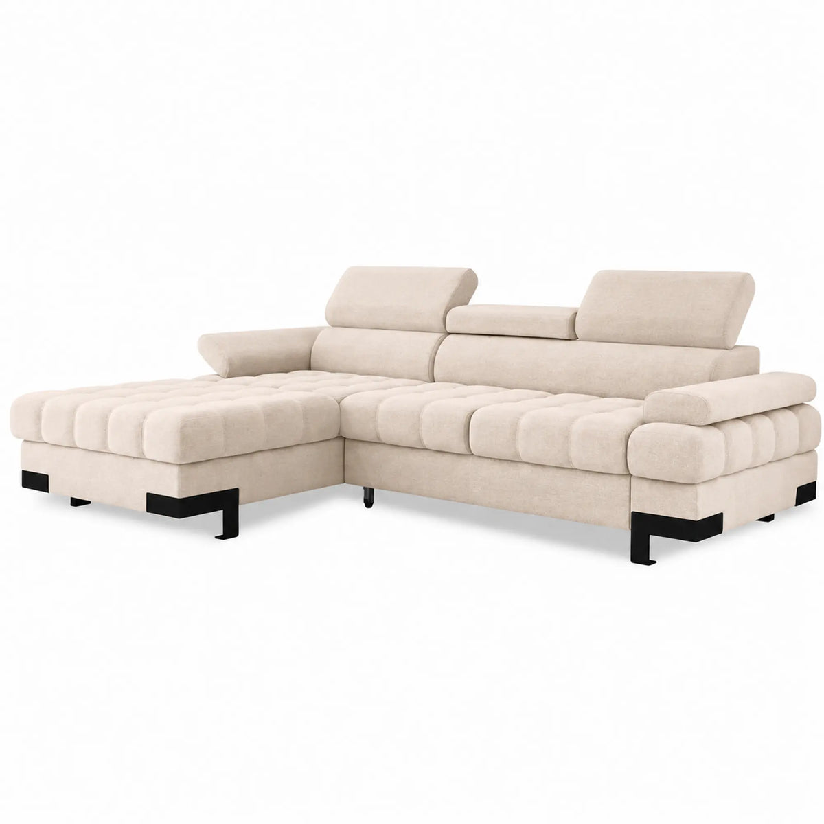 Coltar extensibil SELVA MINI, sezlong stanga, stofa catifelata bej - Shanghai 02, cu lada depozitare si tetiere reglabile,  270x173x95 cm