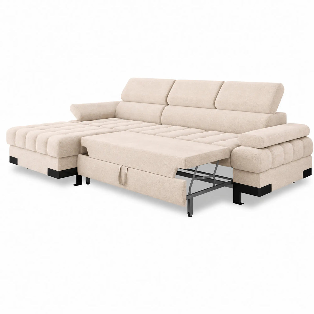 Coltar extensibil SELVA MINI, sezlong stanga, stofa catifelata bej - Shanghai 02, cu lada depozitare si tetiere reglabile,  270x173x95 cm