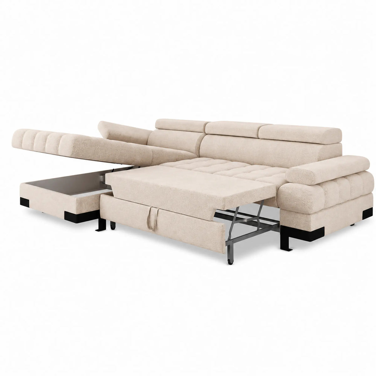 Coltar extensibil SELVA MINI, sezlong stanga, stofa catifelata bej - Shanghai 02, cu lada depozitare si tetiere reglabile,  270x173x95 cm