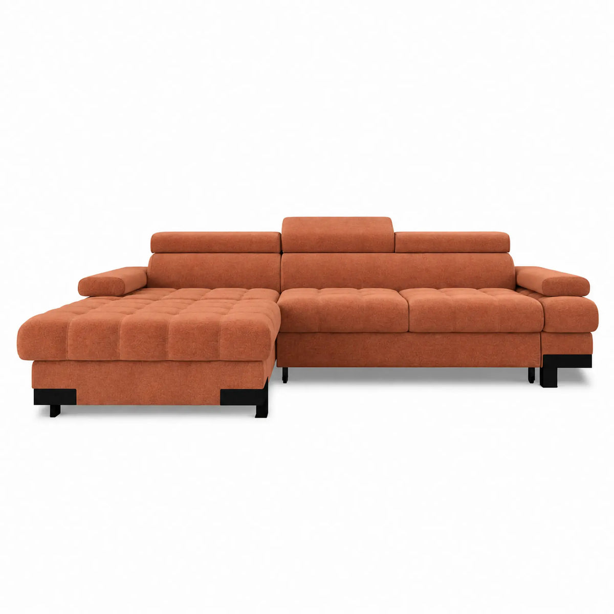 Coltar extensibil SELVA MINI, sezlong stanga, stofa catifelata caramiziu - Salvador 07, cu lada depozitare si tetiere reglabile, 270x173x95 cm