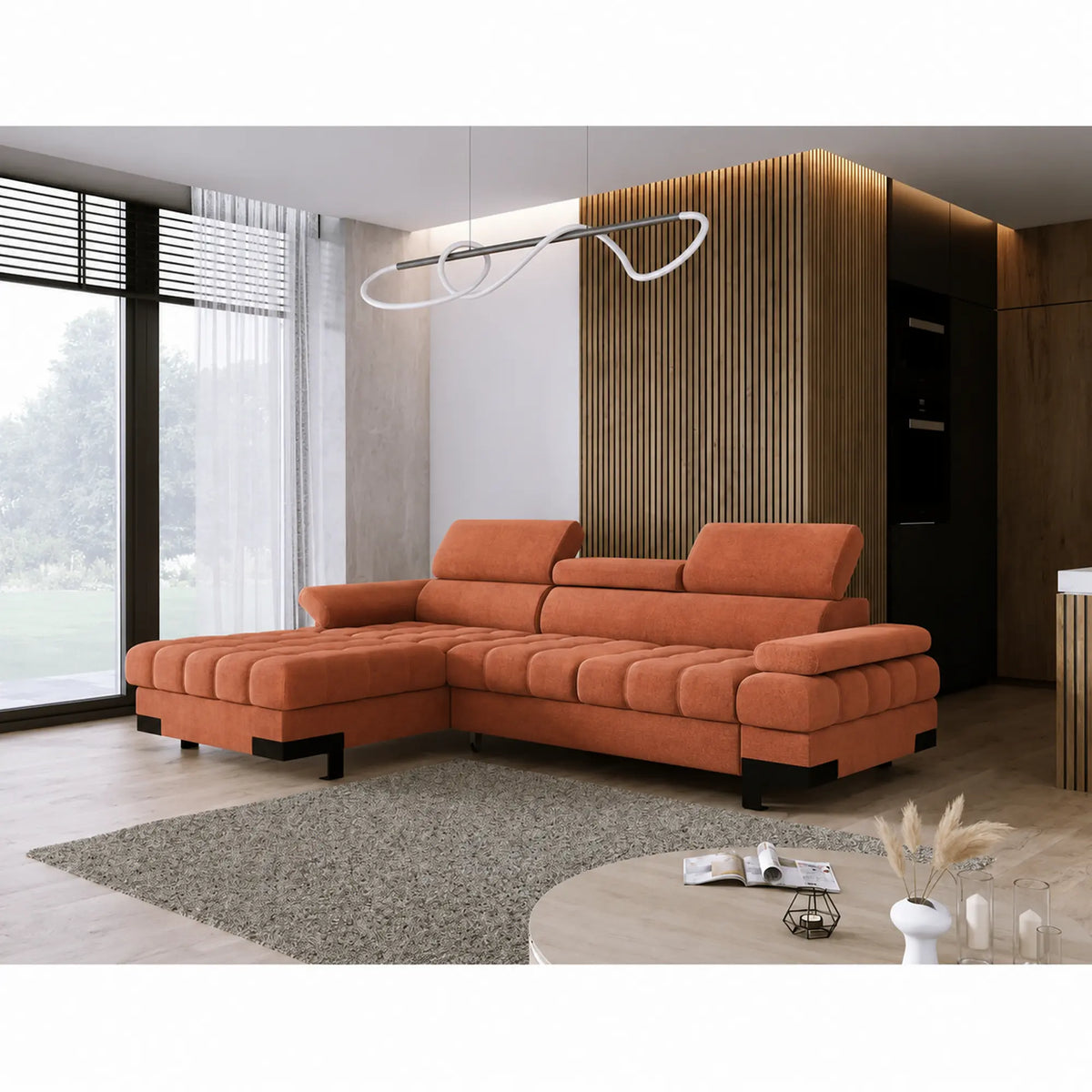 Coltar extensibil SELVA MINI, sezlong stanga, stofa catifelata caramiziu - Salvador 07, cu lada depozitare si tetiere reglabile, 270x173x95 cm