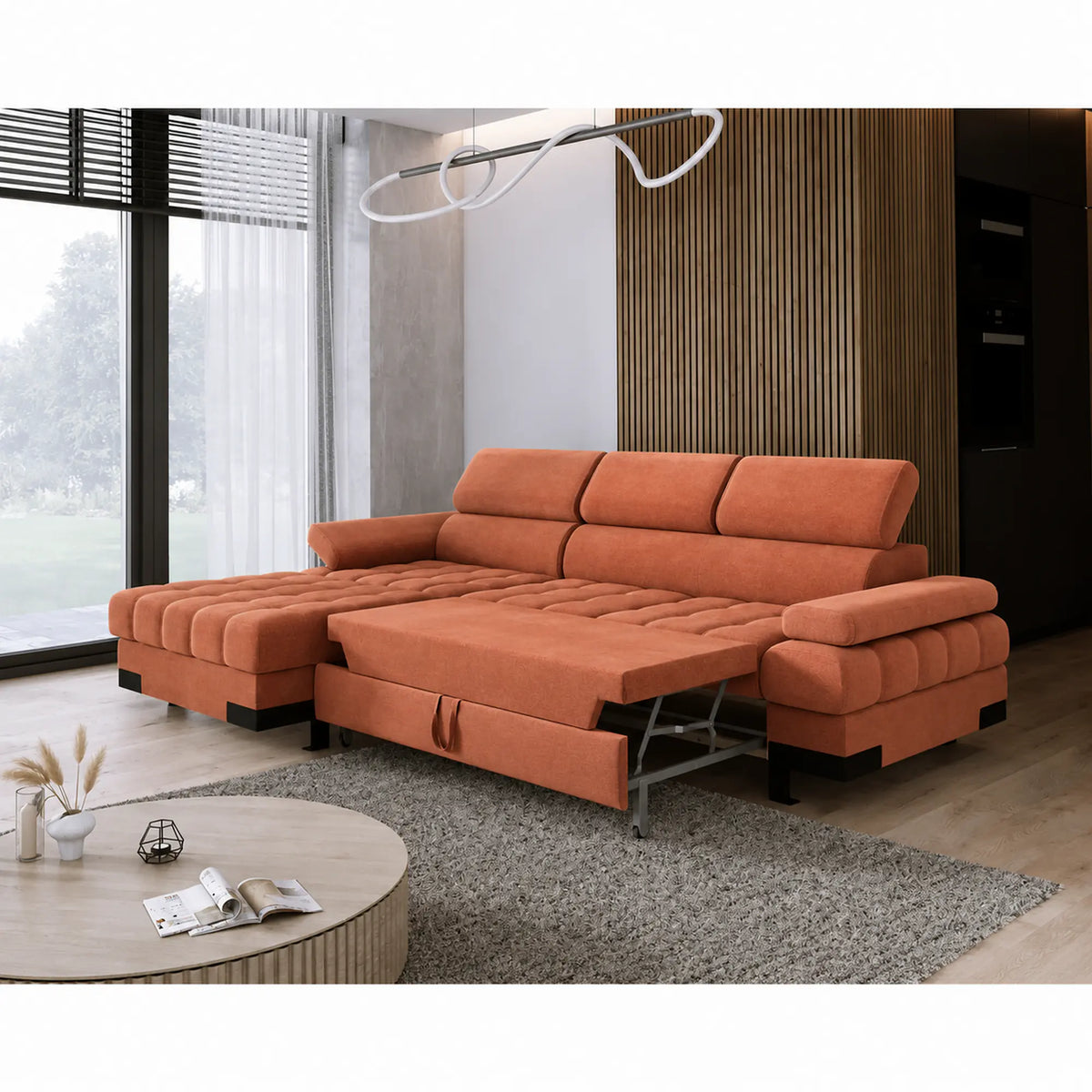 Coltar extensibil SELVA MINI, sezlong stanga, stofa catifelata caramiziu - Salvador 07, cu lada depozitare si tetiere reglabile, 270x173x95 cm