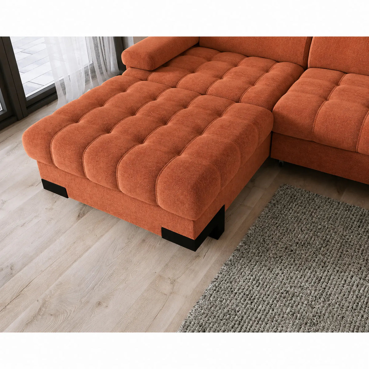 Coltar extensibil SELVA MINI, sezlong stanga, stofa catifelata caramiziu - Salvador 07, cu lada depozitare si tetiere reglabile, 270x173x95 cm