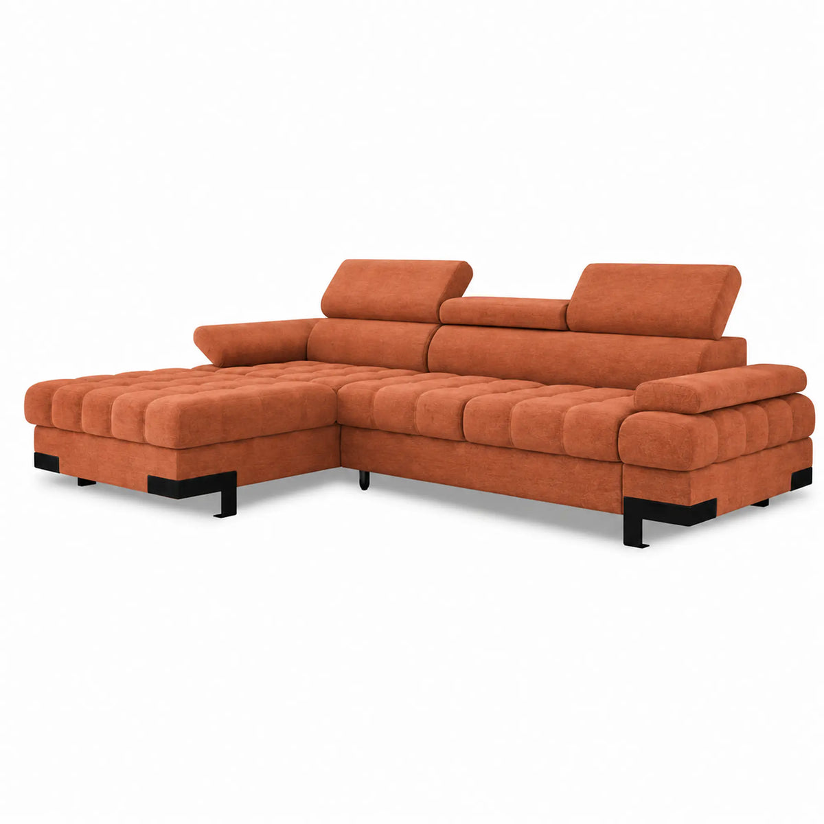 Coltar extensibil SELVA MINI, sezlong stanga, stofa catifelata caramiziu - Salvador 07, cu lada depozitare si tetiere reglabile, 270x173x95 cm