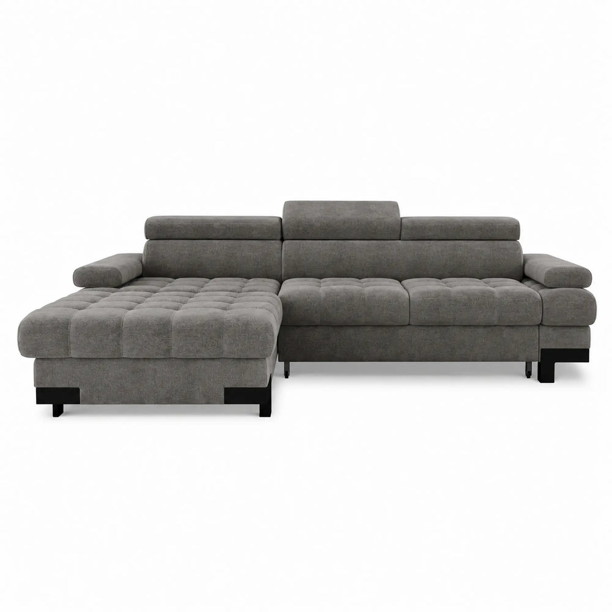 Coltar extensibil SELVA MINI, sezlong stanga, stofa catifelata gri - Shanghai 13, cu lada depozitare si tetiere reglabile, 270x173x95 cm