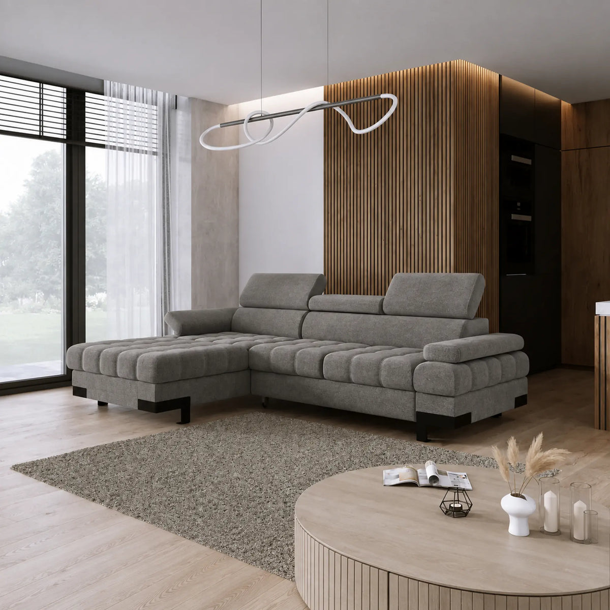 Coltar extensibil SELVA MINI, sezlong stanga, stofa catifelata gri - Shanghai 13, cu lada depozitare si tetiere reglabile, 270x173x95 cm