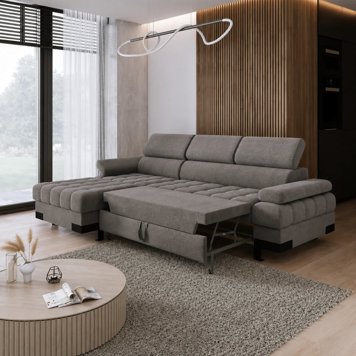 Coltar extensibil SELVA MINI, sezlong stanga, stofa catifelata gri - Shanghai 13, cu lada depozitare si tetiere reglabile, 270x173x95 cm