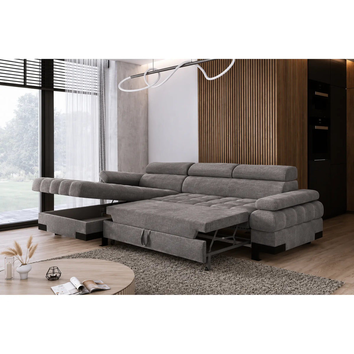 Coltar extensibil SELVA MINI, sezlong stanga, stofa catifelata gri - Shanghai 13, cu lada depozitare si tetiere reglabile, 270x173x95 cm