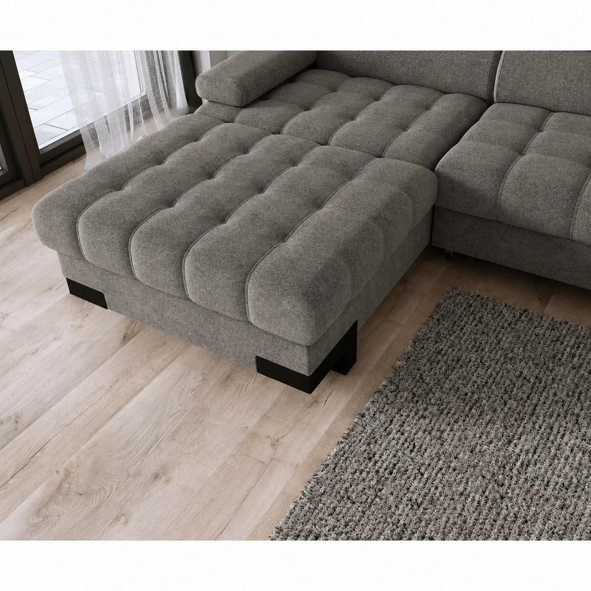 Coltar extensibil SELVA MINI, sezlong stanga, stofa catifelata gri - Shanghai 13, cu lada depozitare si tetiere reglabile, 270x173x95 cm