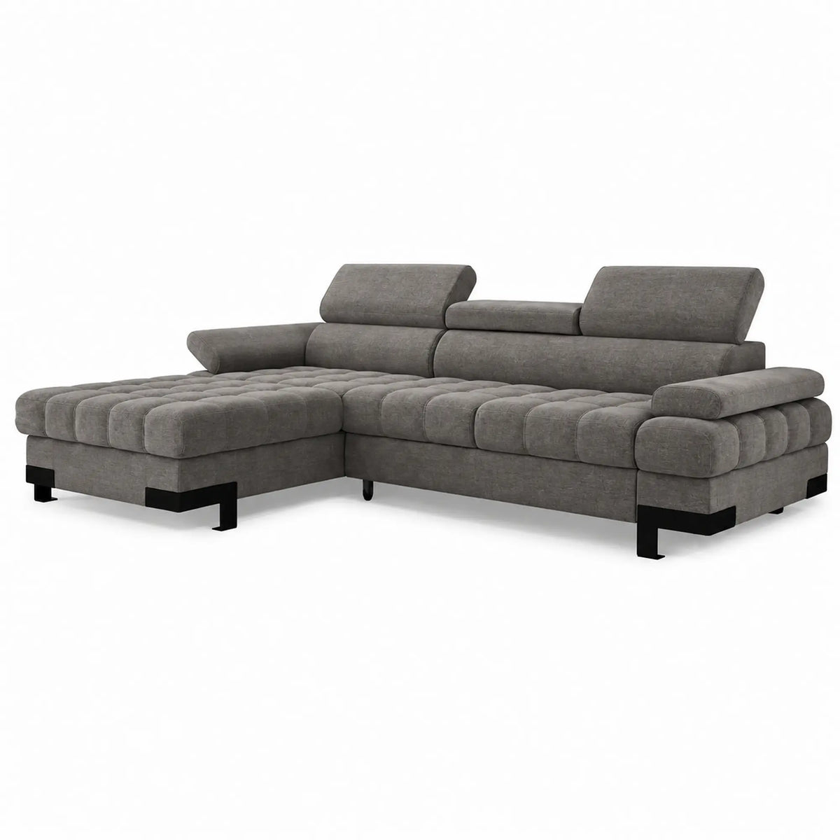 Coltar extensibil SELVA MINI, sezlong stanga, stofa catifelata gri - Shanghai 13, cu lada depozitare si tetiere reglabile, 270x173x95 cm