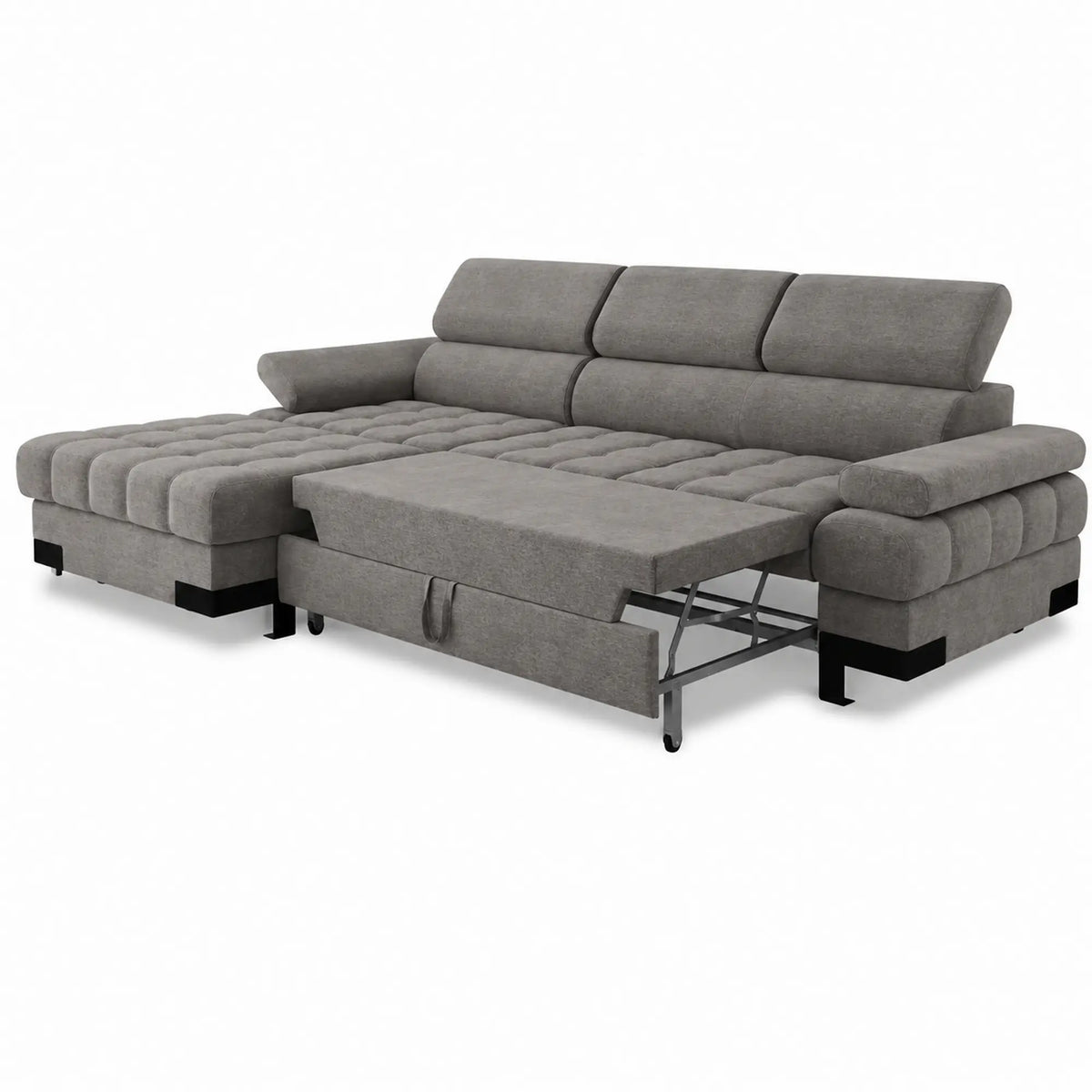 Coltar extensibil SELVA MINI, sezlong stanga, stofa catifelata gri - Shanghai 13, cu lada depozitare si tetiere reglabile, 270x173x95 cm