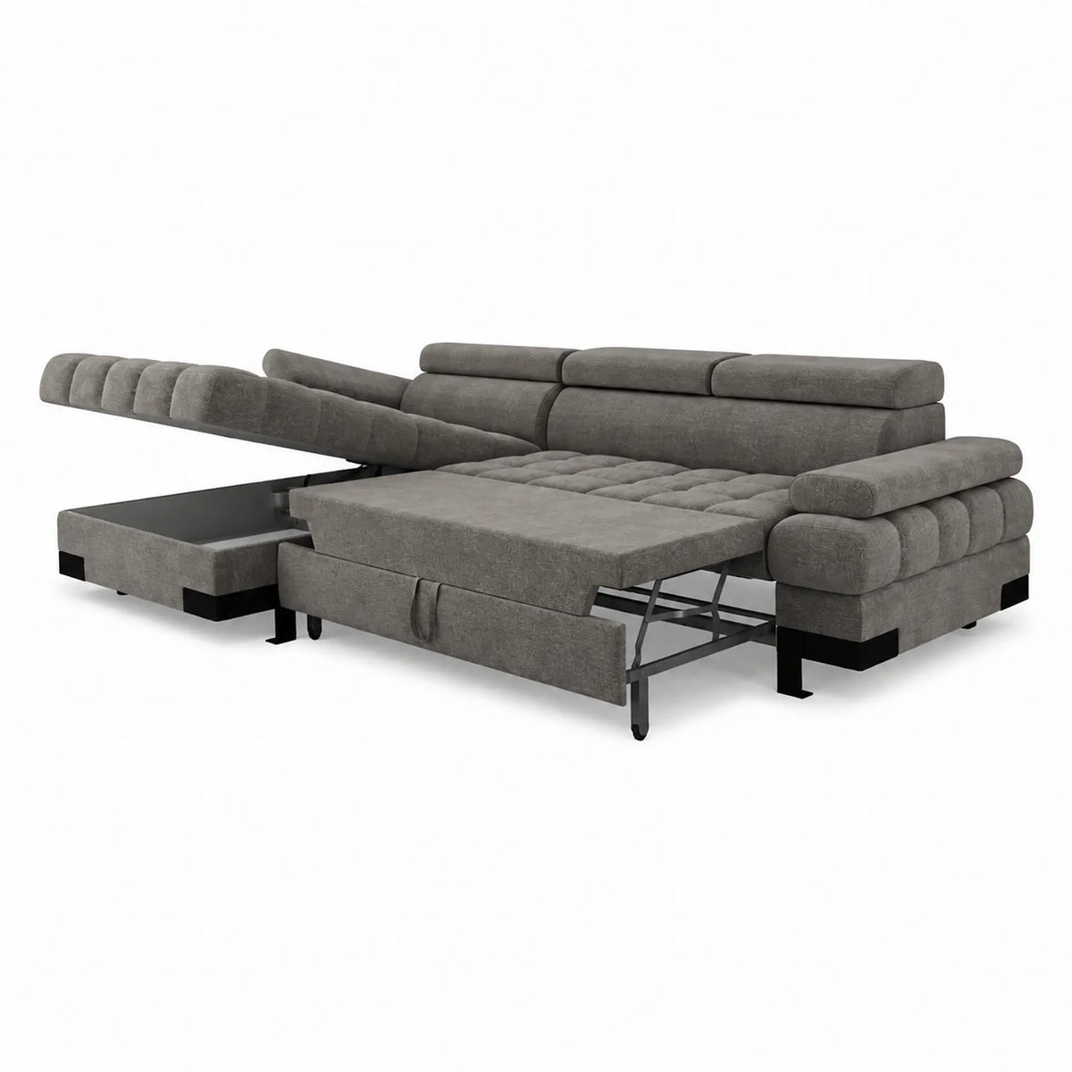 Coltar extensibil SELVA MINI, sezlong stanga, stofa catifelata gri - Shanghai 13, cu lada depozitare si tetiere reglabile, 270x173x95 cm