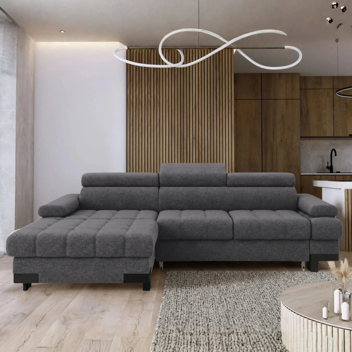 Coltar extensibil SELVA MINI, sezlong stanga, stofa catifelata gri antracit - Salvador 15, cu lada depozitare, 270x173x95 cm