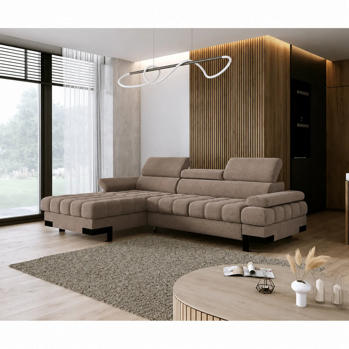 Coltar extensibil SELVA MINI, sezlong stanga, stofa catifelata maro - Salvador 3, cu lada depozitare si tetiere reglabile, 270x173x95 cm