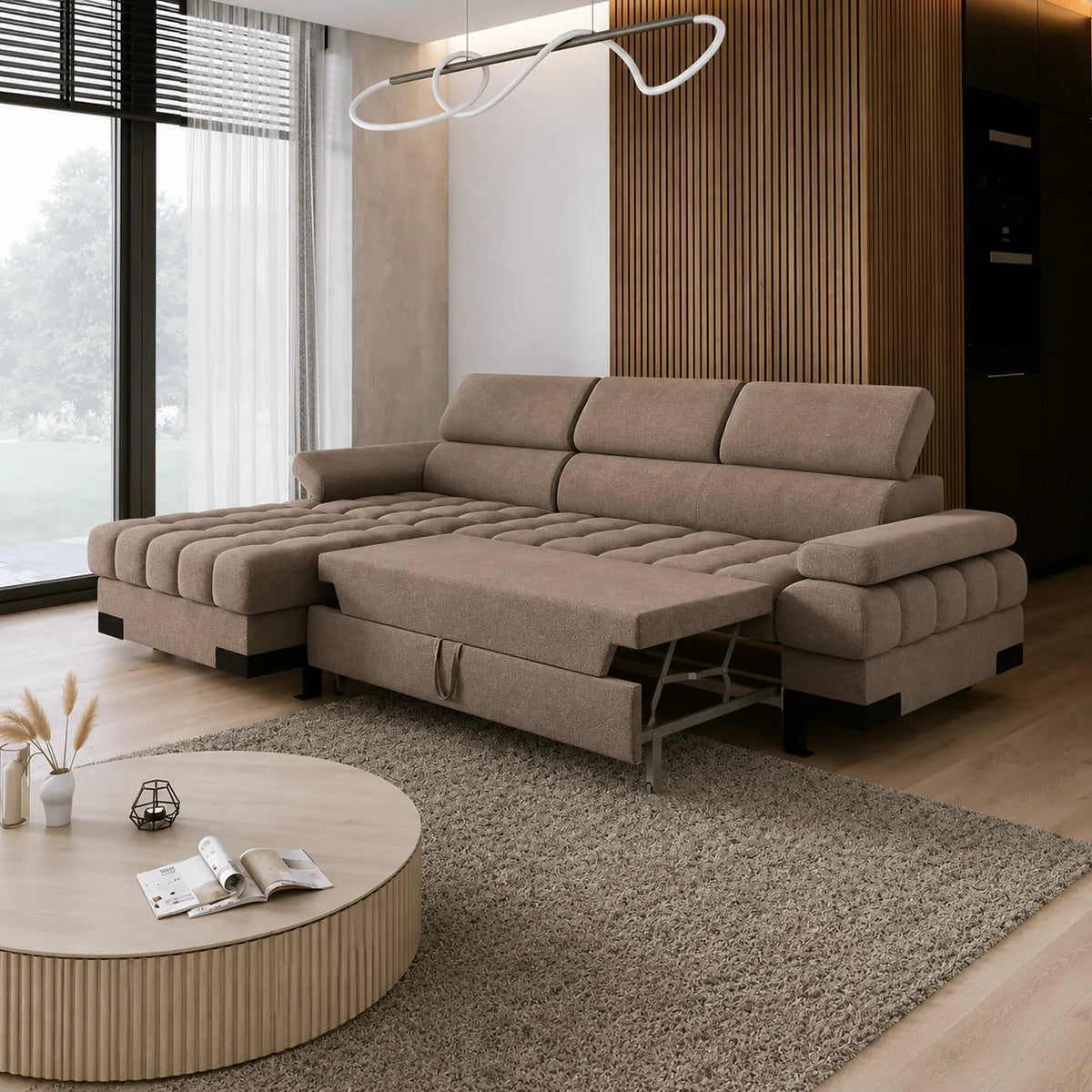 Coltar extensibil SELVA MINI, sezlong stanga, stofa catifelata maro - Salvador 3, cu lada depozitare si tetiere reglabile, 270x173x95 cm