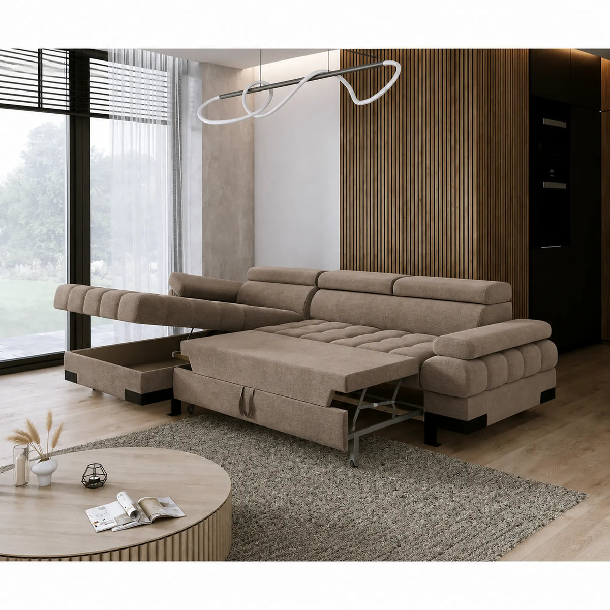 Coltar extensibil SELVA MINI, sezlong stanga, stofa catifelata maro - Salvador 3, cu lada depozitare si tetiere reglabile, 270x173x95 cm