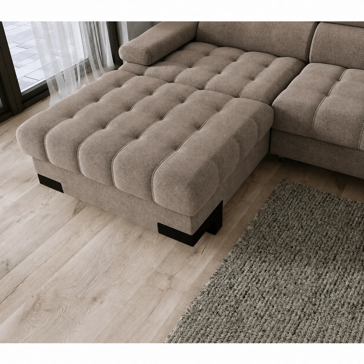 Coltar extensibil SELVA MINI, sezlong stanga, stofa catifelata maro - Salvador 3, cu lada depozitare si tetiere reglabile, 270x173x95 cm